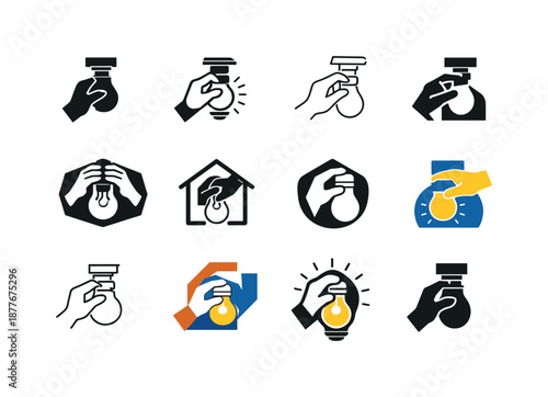 DIY Logo Variations. Home improvement and DIY projects. Icon set. Set Logo of Home improvement and DIY projects: lightbulb installation. harmonious logo