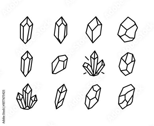Crystal Shard Icons. Crystal shards. Line icon set of Crystal shards: quartz shard, amethyst shard, rough stone, pointed crystal, gem fragment, faceted edge,