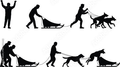 Dog sledding silhouette set, winter sport activity, musher with sled dogs, outdoor adventure, teamwork, snow travel, black white illustration
