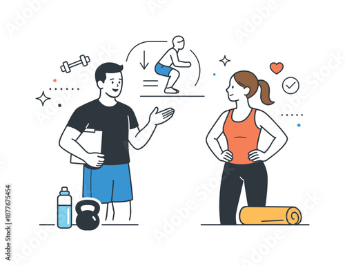 Guided Exercise Session. Personal trainer session. Trainer standing next to a client, calmly explaining an exercise routine. Supportive guidance and focused
