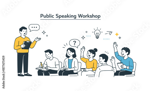 Engaged Public Speaking Workshop. Public speaking workshop. Participants listening, taking notes, and asking questions. Open interaction and supportive