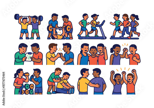 Colorful Gym Friends Icons. Gym Friends. Colorful flat vector icons set of gym friends: pair of friends lifting, spotting partner, group treadmill run, shared