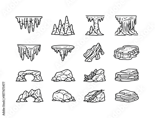 Rock Formation Icons. Rock formations. Line icon set of rock formations: stalactite cluster, stalagmite cluster, column formation, flowstone, cave drapery,