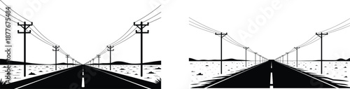 Desert highway with power line poles in strong perspective, electricity distribution infrastructure, rural transportation landscape, black and white illustration