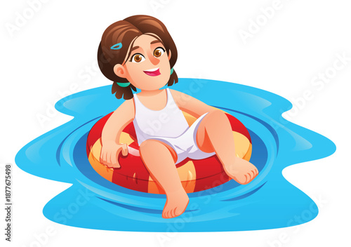Smiling girl in swimsuit relaxes on inflatable ring in pool. Vector cartoon illustration