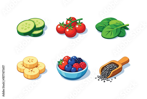 Colorful Fresh Ingredients Grid. Fresh Ingredients. Isometric flat vector icons set of Fresh Ingredients: sliced cucumber, cherry tomatoes cluster, spinach