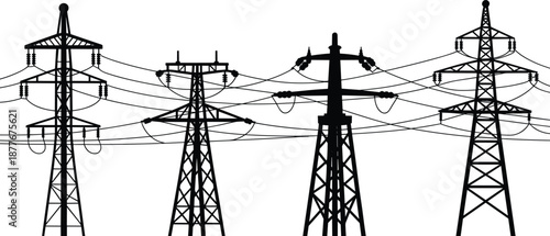 Electric high-voltage transmission towers silhouette, electricity power lines infrastructure, energy grid network, industrial technology, utility pylons, black white illustration