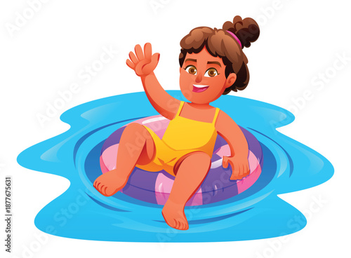 Happy girl with curly hair wearing yellow swimsuit sits on purple inflatable ring in water. Vector cartoon illustration