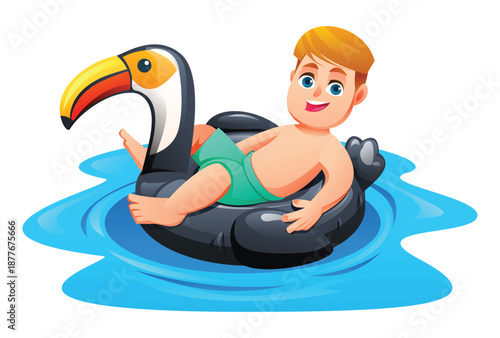 Joyful boy relaxing on a black toucan inflatable float in the water. Vector cartoon illustration