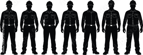 Silhouette Vector Illustration of Seven Construction Workers Standing in a Row Wearing Safety Helmets and Uniforms for Industrial Workforce Concept
