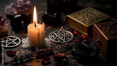 Mystical altar setup with burning candle, pentagram symbols, ornate wooden boxes, crystals and occult ritual items for spiritual practices and witchcraft ceremonies.