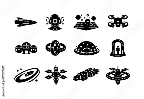 Future Space Icons. Future space travel. Solid icon set of Future space travel: advanced starship, AI navigation core, holographic map, autonomous drone,