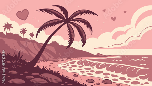 Serene tropical beach scene with palm tree pink sunset and heart shapes evoking love and relaxation
