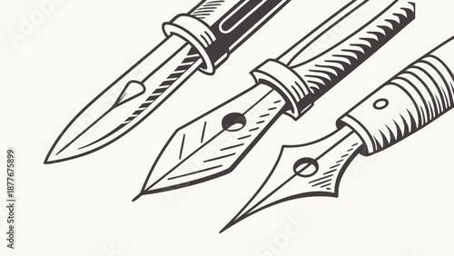 Three vintage metal nib pens with pointed tips and wooden handles on white background