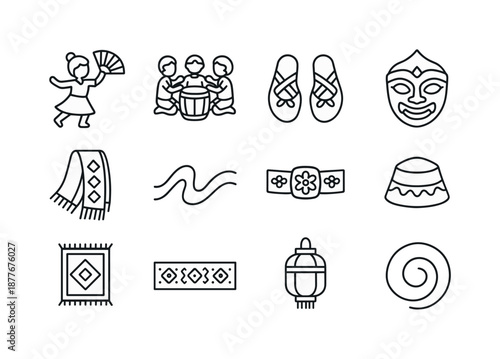 Cultural Dance Icon Set. Children?s cultural dance. Line icon set of children?s cultural dance: fan dancer silhouette, drum circle, traditional shoes, mask