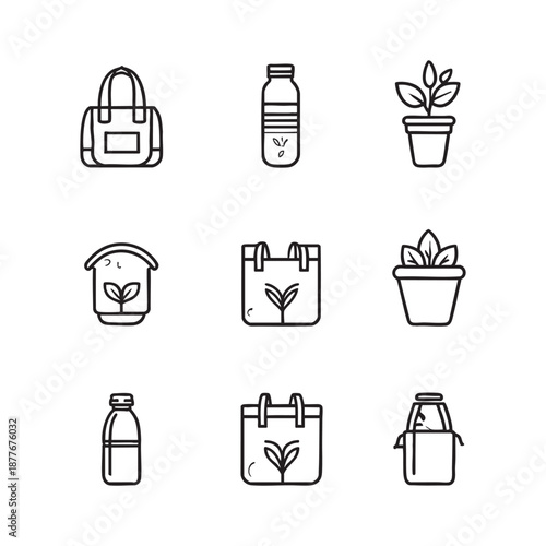 Eco Lifestyle Icon Set With Bags Bottles Plants And Pots For Green Living Or Sustainability Projects