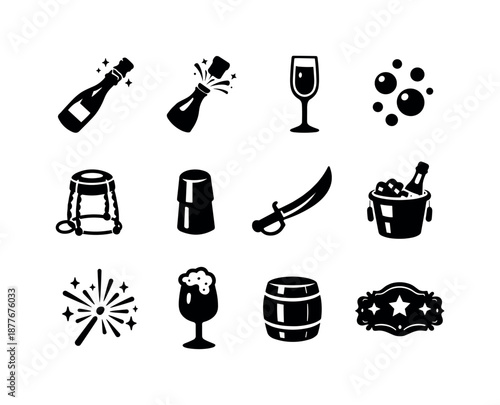 Sparkling Wine Icons. Sparkling wines. Solid icon set of sparkling wines: champagne bottle, popping cork, flute glass, bubbles icon, wine cage, bottle foil,