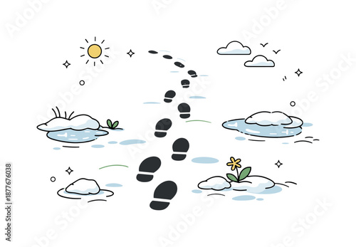 Footprints in Thaw. Footprints in melting snow. Editorial-style winter-to-spring scene with soft footprints leading across melting snow, calm and reflective