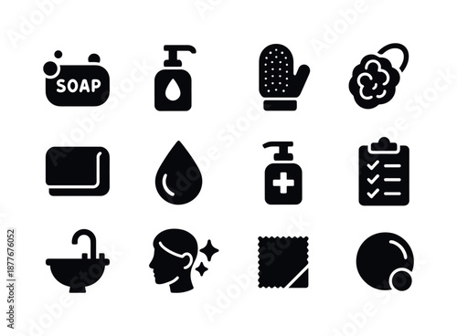 Skin Hygiene Icons. Skin hygiene. Solid icon set of skin hygiene: soap bar, liquid cleanser, exfoliating glove, loofah sponge, soft towel, clean water droplet,