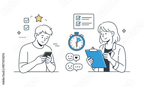 User Testing Session. User testing session. Participant completing tasks on a mobile app while a UX specialist tracks feedback and time, showing practical