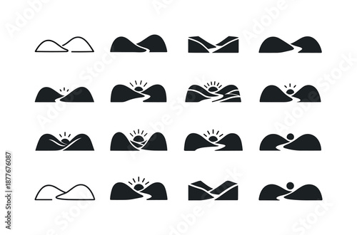Quiet Valley Icons. Quiet Valley. Icon set. Set Logo of Quiet Valley: valley between two hills. harmonious logo variations of the same emblematic concept, each