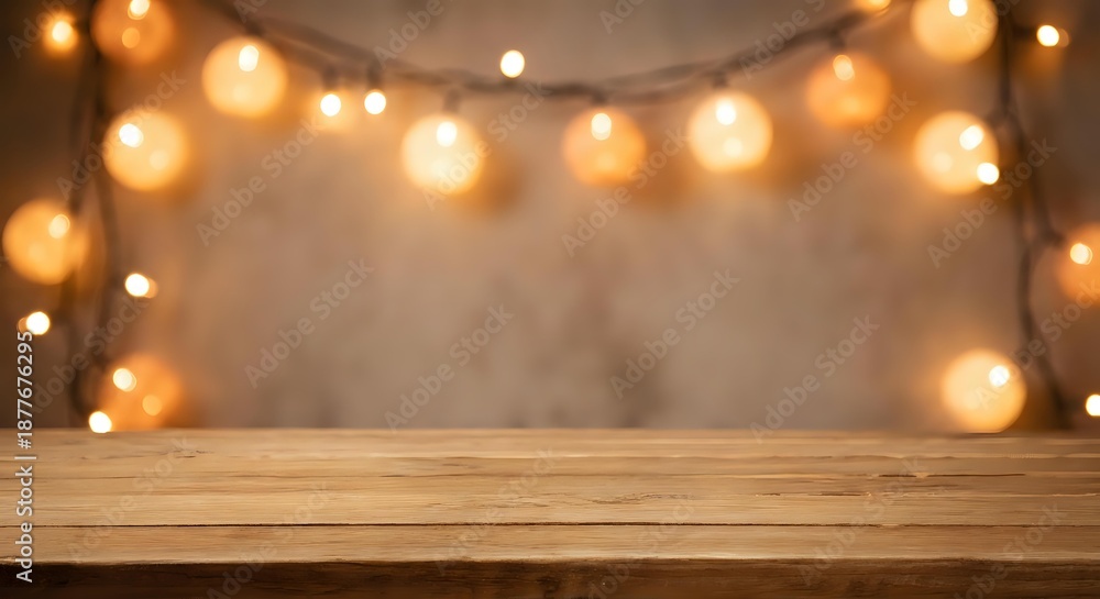 Obraz premium Empty wooden table with warm string lights creating cozy ambiance against blurred background for product display and festive decoration concepts.