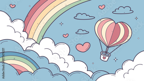 Whimsical hot air balloon soaring under rainbow clouds with hearts in sky