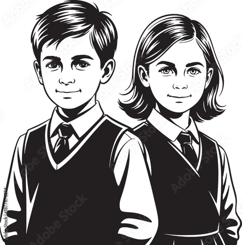 A black and white drawing of a boy and a girl in school uniforms