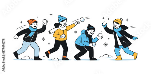 Winter Snowball Fight. Snowball fight winter fun. Group of friends laughing while tossing snowballs with gentle motion lines. Playful energy, movement and
