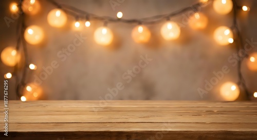 Empty wooden table with warm string lights creating cozy ambiance against blurred background for product display and festive decoration concepts.