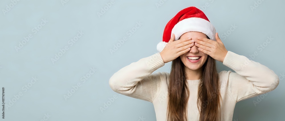 Obraz premium Young woman in Santa hat covering eyes with hands in playful peek-a-boo gesture against light blue background for holiday marketing campaigns.