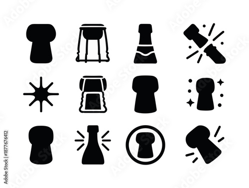 Champagne Cork Icons. Champagne corks. Solid icon set of champagne corks: mushroom-shaped cork, wire cage, champagne bottle top, popping cork icon, sparkle