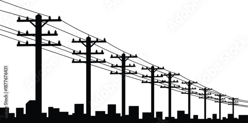 Electric power line silhouette over city skyline, utility poles transmission network, urban infrastructure energy grid, black white industrial illustration