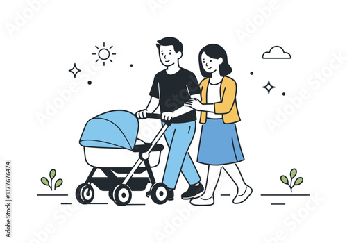 Strolling Family Bliss. Parents pushing stroller walk. Parents calmly walking together while pushing a stroller along a path. Peaceful family routine and