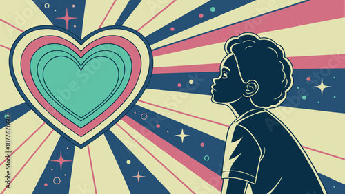Silhouette of a boy looking up at a colorful heart with rays and stars symbolizing love and positivity in a vibrant stylized illustration