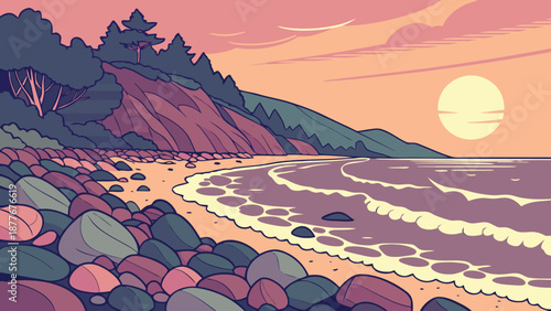 Serene beach at sunset with rocky shoreline gentle waves and vibrant pink purple hues in the sky