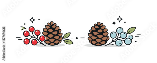 Winter Botanical Elegance. Winter botanical illustration. Simple pine cones paired with clusters of winter berries, creating a natural and peaceful seasonal