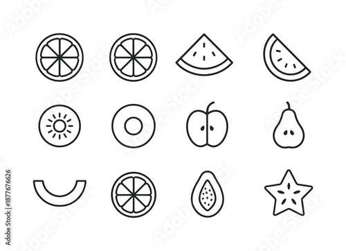 Fruit Slices Icons. Fruit slices. Line icon set of Fruit slices: orange slice, lemon slice, lime slice, watermelon slice, kiwi slice, pineapple ring, apple