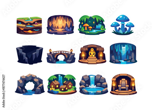 Underground Icon Set. Underground worlds. Colorful flat vector icons set of underground worlds: layered cavern map, giant cavern hall, subterranean forest