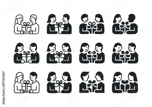 Gifting Love Logos. happy couple exchanging thoughtful gifts. Icon set. Set Logo of happy couple exchanging thoughtful gifts: love ribbon bow. harmonious logo