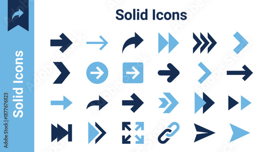 Solid Directional Arrow Vector Icons - Blue Fast Forward, Share, Link, and Cursor Symbols Set
