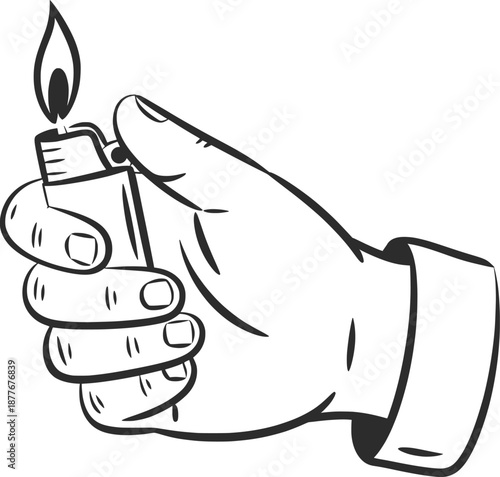 Hand Holding Lighter Flame Line Art Vector Illustration.