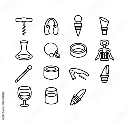 Wine Accessories Icons. Wine accessories. Line icon set of Wine accessories: corkscrew, foil cutter, wine stopper, aerator, decanter, glass marker, drip ring,