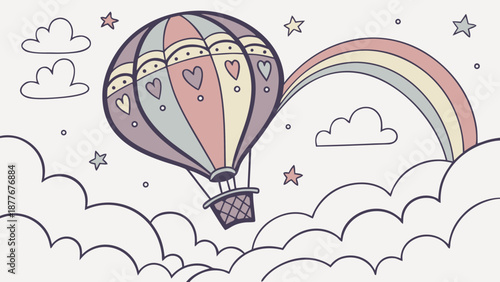 Colorful hot air balloon flying high in sky with rainbow and clouds whimsical illustration for kids