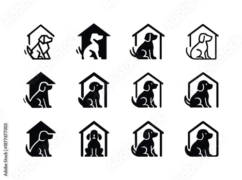 Farm Dog Logos. farm dog. Icon set. Set Logo of farm dog: dog tail wag symbol. harmonious logo variations of the same emblematic concept, each with different
