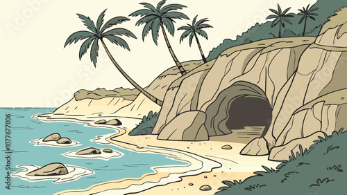 Serene tropical beach with palm trees rocky cliff and cave entrance on a sunny day