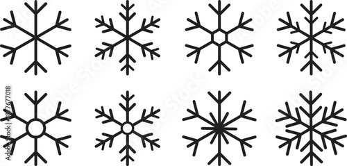 Snowflake icon set in black color, various winter ice crystal symbols in outline and minimalist styles for Christmas and holiday season design, cold weather vector graphics illustration.