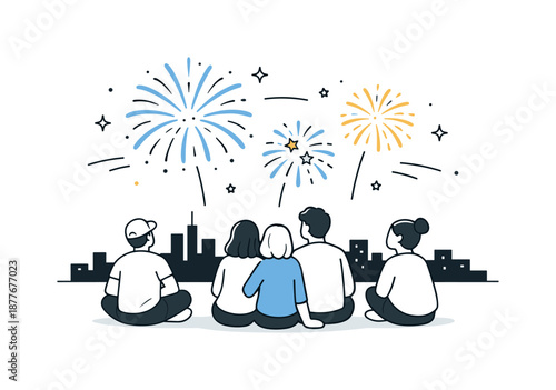 Fireworks Over Cityscape. Watching fireworks city night. Small group viewing fireworks over a simple skyline silhouette, relaxed posture and quiet admiration.