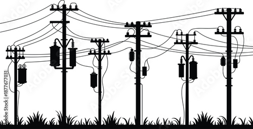 Electric power line silhouette with transformers, utility poles and overhead wires, electricity distribution infrastructure, energy grid system, industrial technology, black white illustration