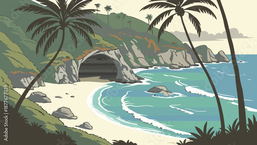 Serene beach scene with palm trees cave and turquoise waves on a sunny day by the ocean